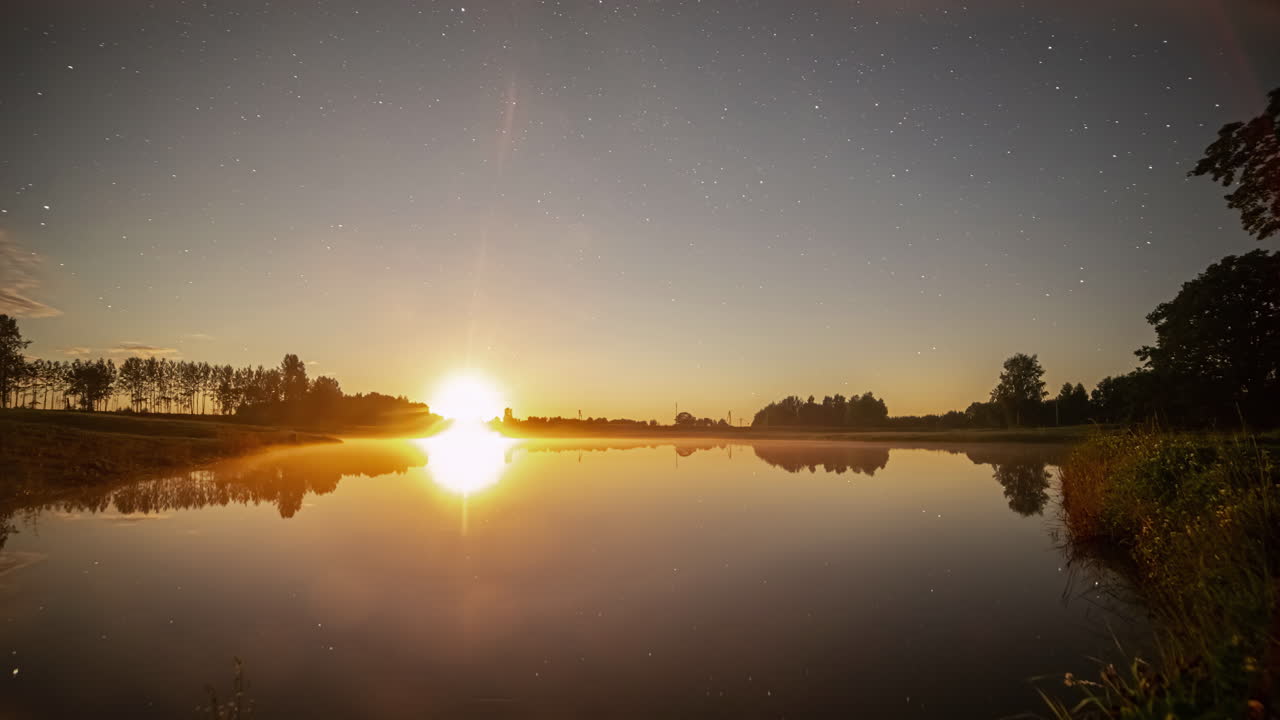 星と天の川が空を横切り、湖面に映り込む昼から夜へのタイムラプス。