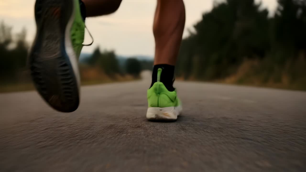 Pelari berlari, sepatu hijau neon menyentuh jalan pedesaan yang retak, kaus kaki hitam menendang debu untuk pelatihan
