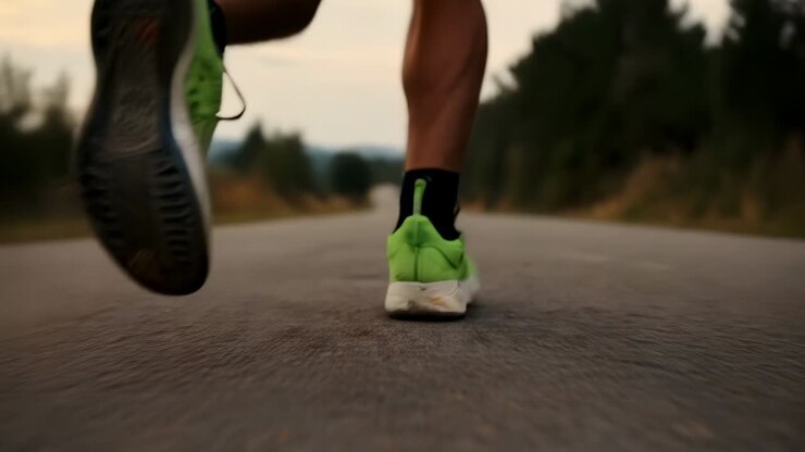 Corridore che corre, scarpe verde neon che colpiscono la strada rurale dissestata, calzini neri che sollevano polvere per allenarsi