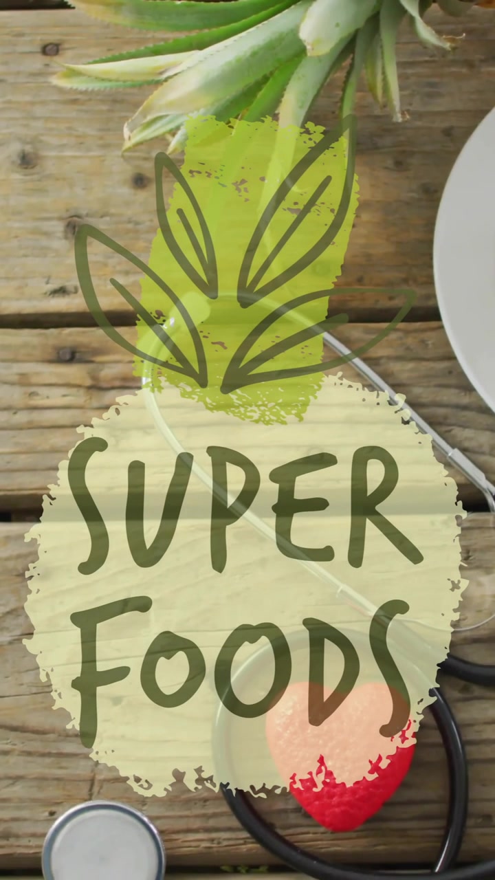 Animation d'un texte 'super aliments' sur un fruit