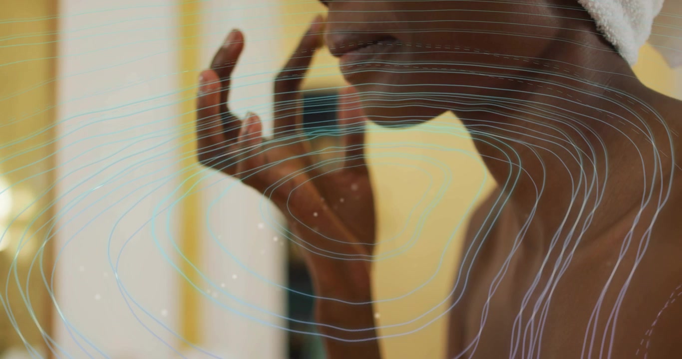 After opening jar, woman scooping cream onto fingertip and applying moisturizer in skincare routine