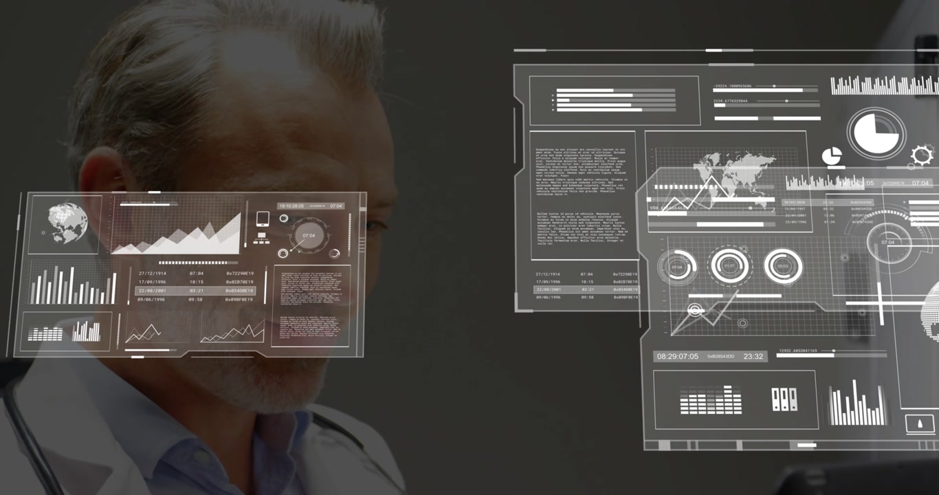 Male doctor tapping tablet in clinic and generating hologram data panels for reviewing metrics