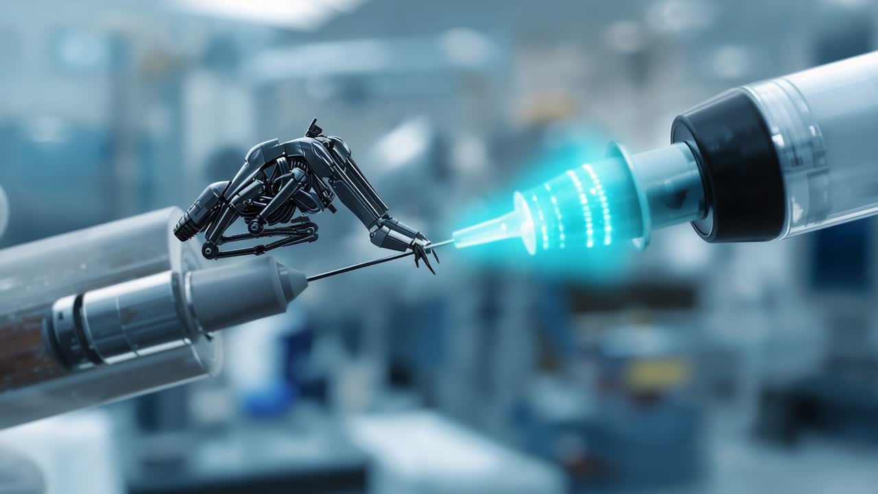 Responding to cyan syringe tip glow, micro gripper aligning with needle for contact on lab bench