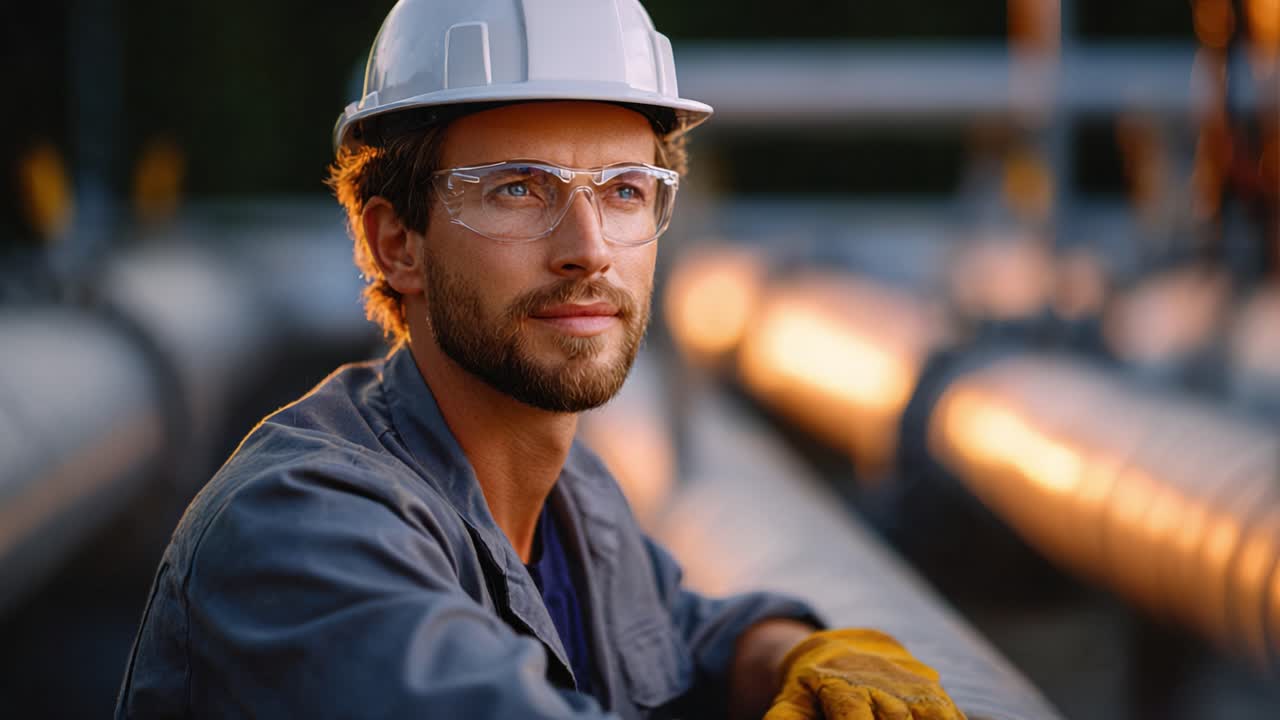 A Thoughtful Engineer in Safety Gear Observing Industrial Pipelines at Sunset, Reflecting on His Work and the Future of Energy Infrastructure Development