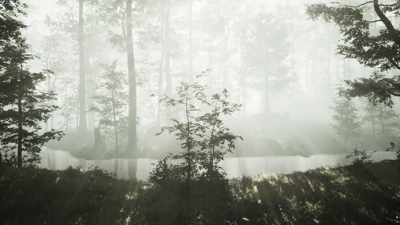 나무 를 통해 빛 이 필터링 되는 안개 숲 풍경