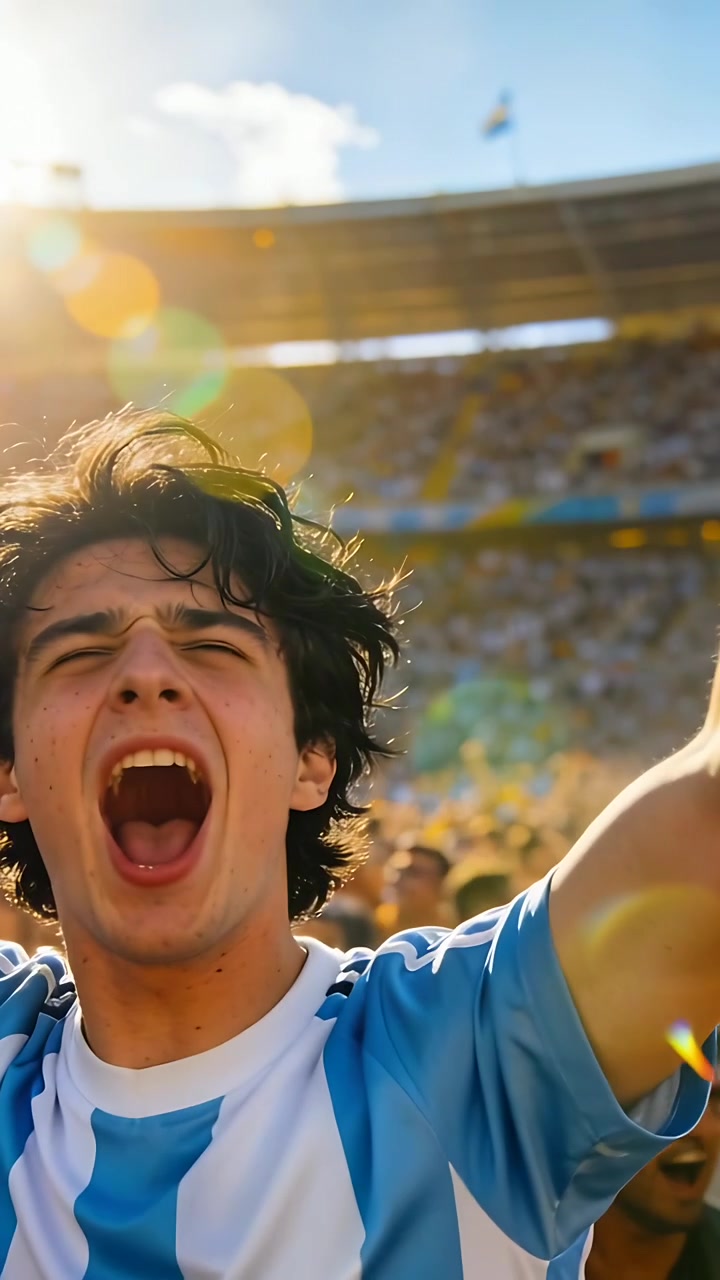Video verticale: Tifoso maschio che esulta urlando dopo un gol nello stadio, maglietta a righe, bagliore, spazio per il testo.