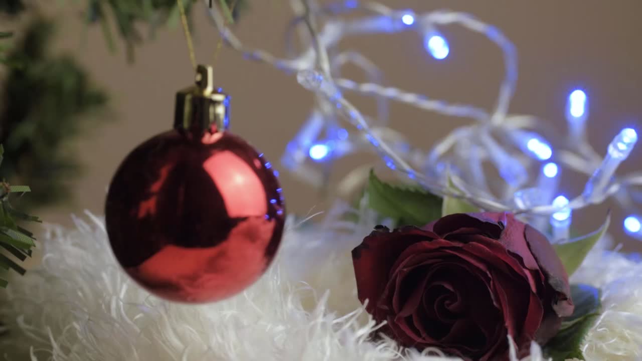 Red Christmas baubles red rose fairy lights