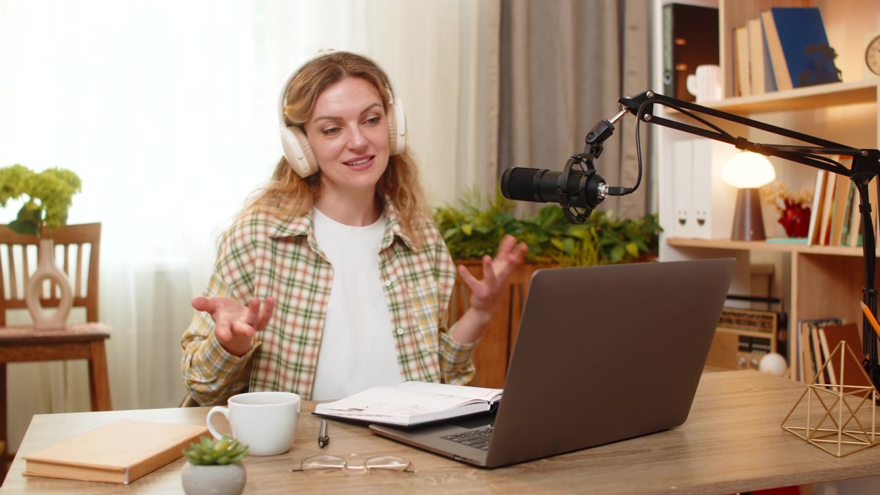 Jovem mulher em mesa de casa gravando aula de podcast com microfone e laptop durante ensino online.