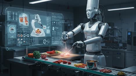 a cutting-edge culinary robot chef preparing gourmet dishes in a high-tech kitchen with advanced cooking technology and interactive displays