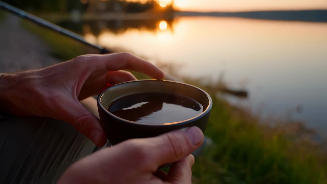 Primo piano di mani che sollevano e stabilizzano una piccola tazza di ceramica con liquido scuro sul bordo di legno di un lago al tramonto, con le punte delle dita che toccano il bordo e il pollice che sostiene contro la calda luce dorata