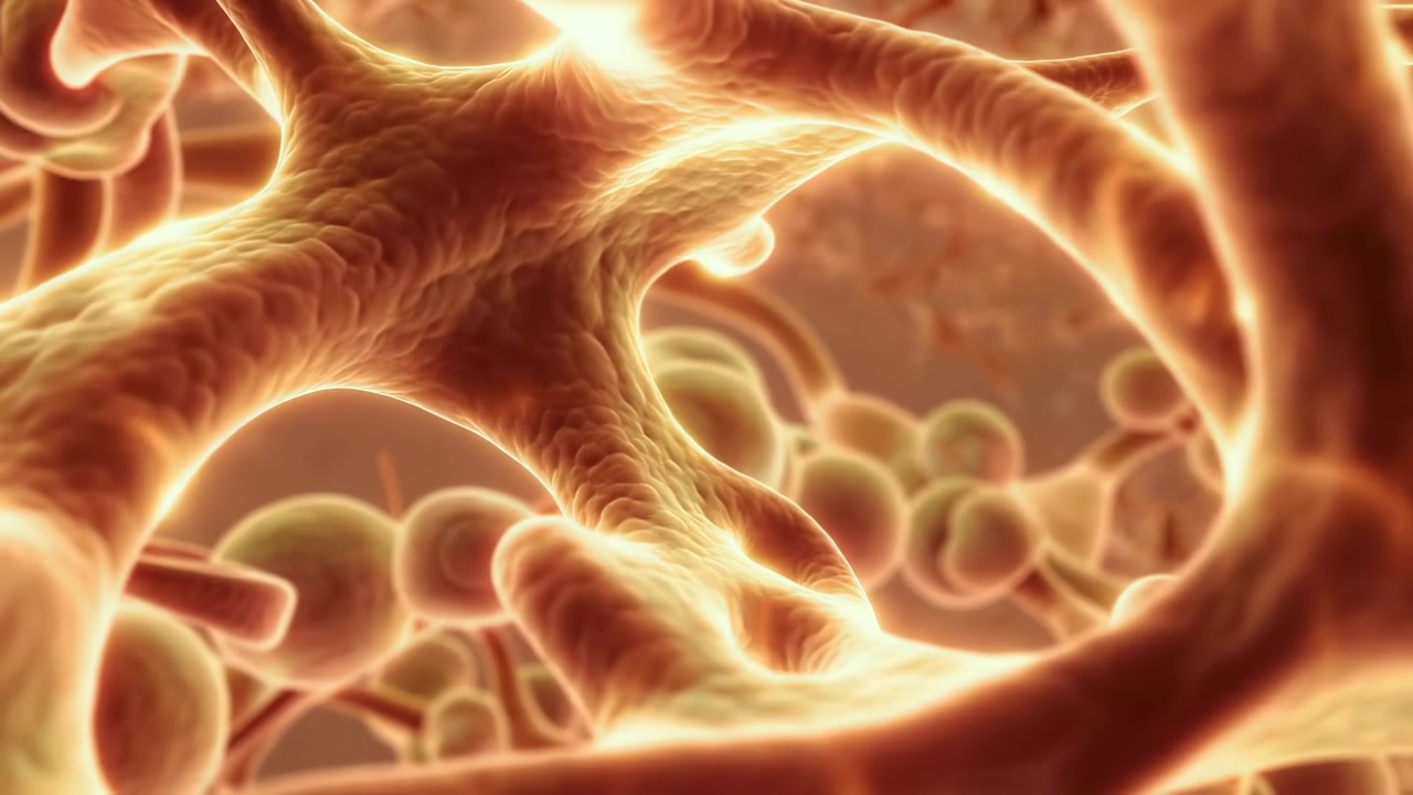 Forme ramificate arancioni calde riempiono l'inquadratura mentre particelle sferiche che brillano delicatamente si muovono attraverso spazi aperti, con bordi luminosi e strutture organiche stratificate che creano profondità
