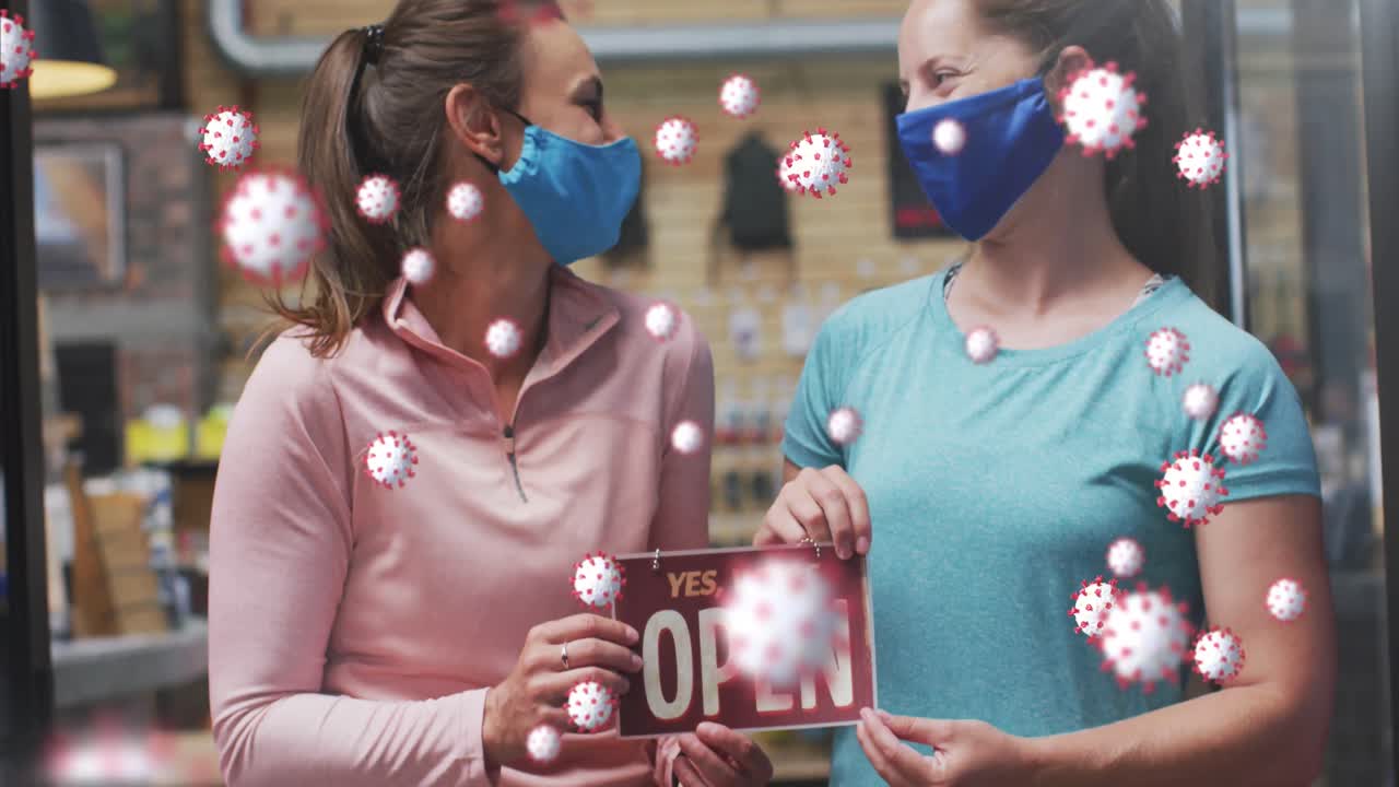 코로나19 세포가 떠다니고 있는 두 명의 백인 여성의 초상화