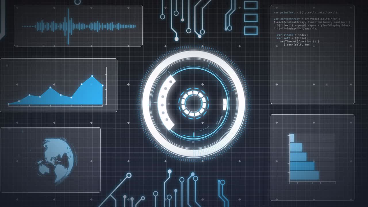 Animation of statistics recording and scope scanning on screens over grid