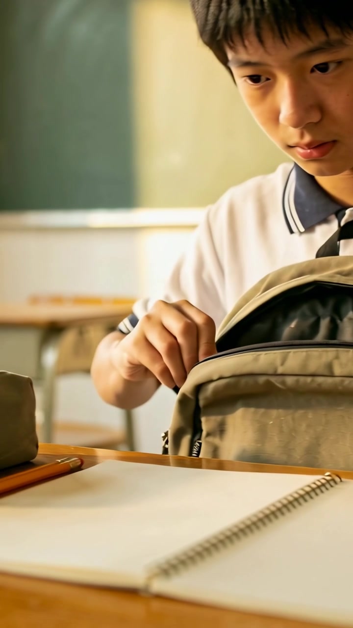 Video vertikal: Sambil mencondongkan tubuh, anak laki-laki berkaus polo membuka ritsleting tas punggung di meja, meletakkan buku catatan untuk kelas