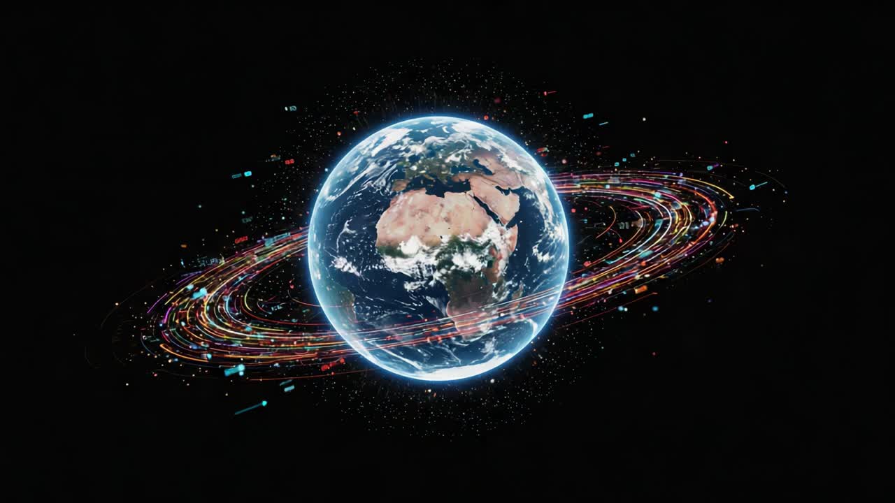 A Stunning Visual Representation of Earth Surrounded by Dynamic Orbital Paths, Showcasing the Beauty and Complexity of Our Planet Within the Cosmic Sphere