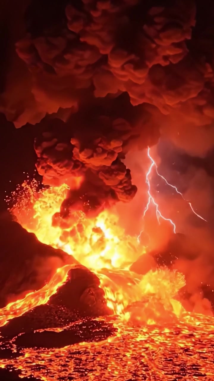 Ein spektakuläres Schauspiel der Naturgewalt: Ausbrechender Vulkan speit Lava und Blitze erhellen den dunklen Himmel in einer feurigen, katastrophalen Explosion.
