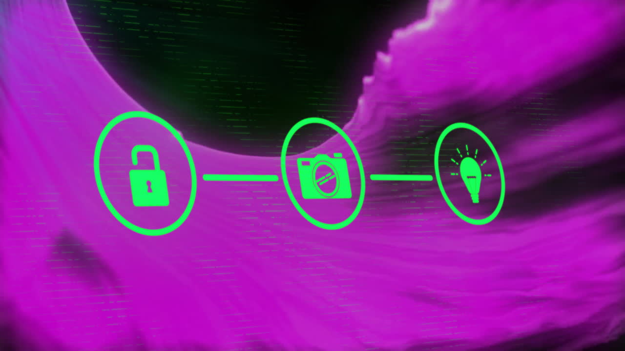 Animation of network of connections with icons over purple shapes on black background