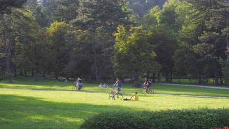 a panning shot of a group of people riding their bicycles in a lush park in ljubljana, slovenia