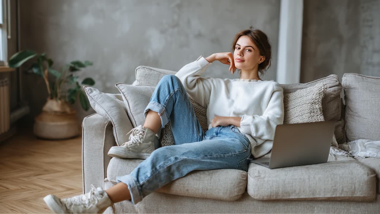 Relaxing in a Cozy Living Room, a Young Woman Sitting Comfortably on a Sofa with Laptop, Exhibiting a Calm and Thoughtful Expression, Perfect for Work or Leisure
