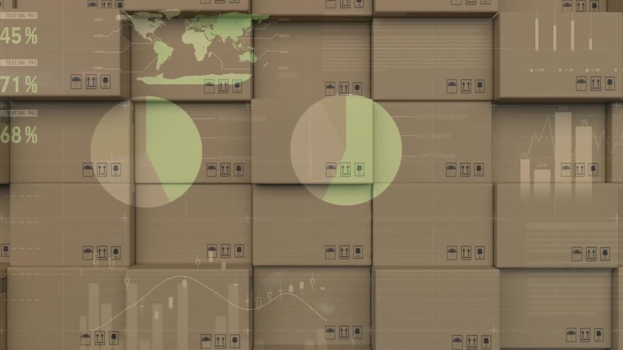 카드보드 상자 위의 통계 및 데이터 처리의 애니메이션