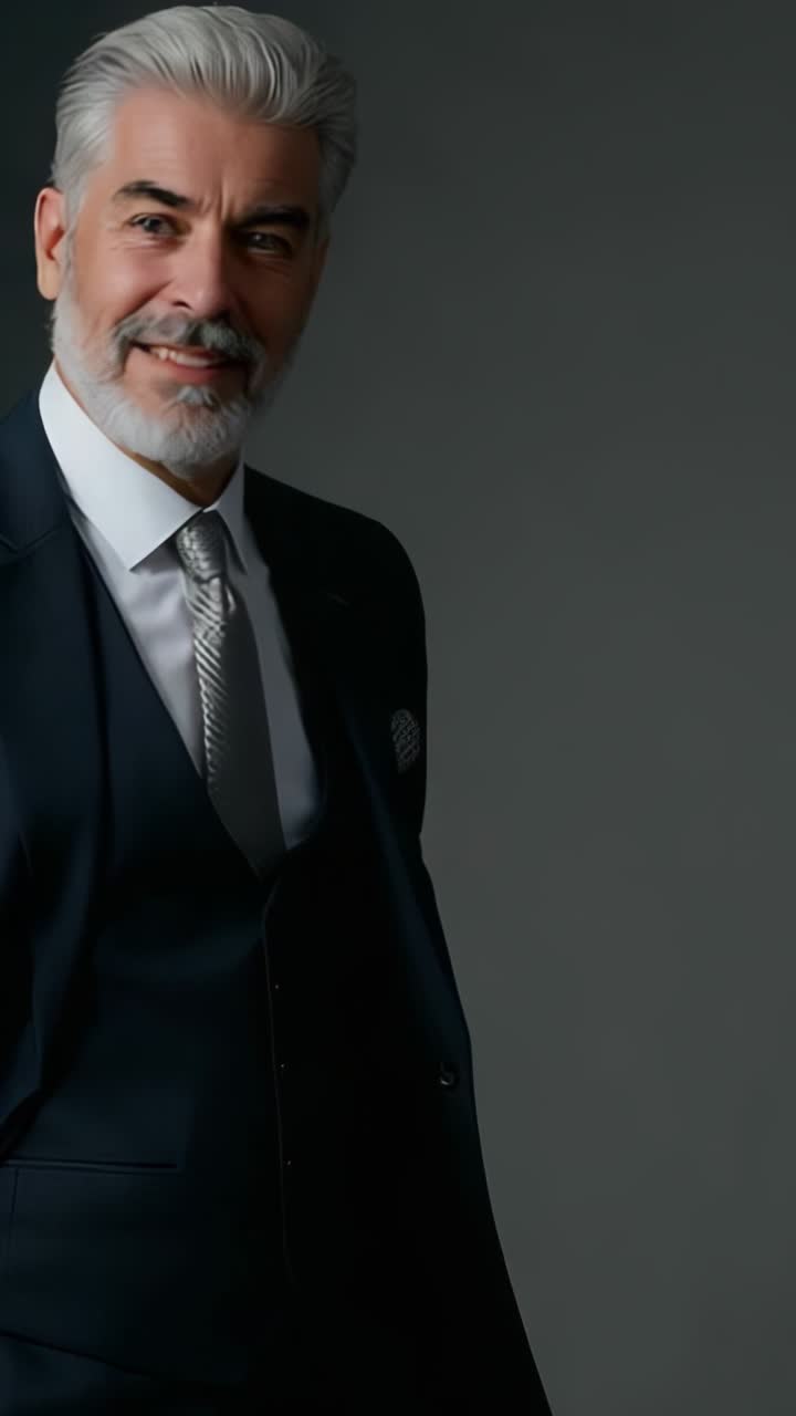 Vertical video: Fading smile senior man in suit turning head, glancing down, grey wall, copy space