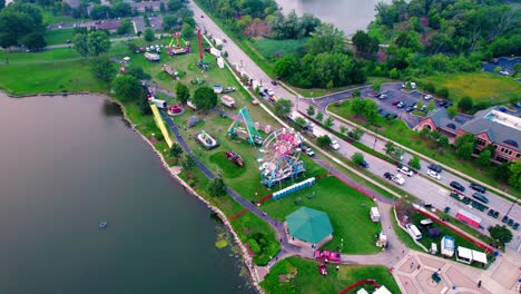 orbiting-cinematic-revealing-Carnival-setup-in-Vernon-Hills,-Illinois,-USA