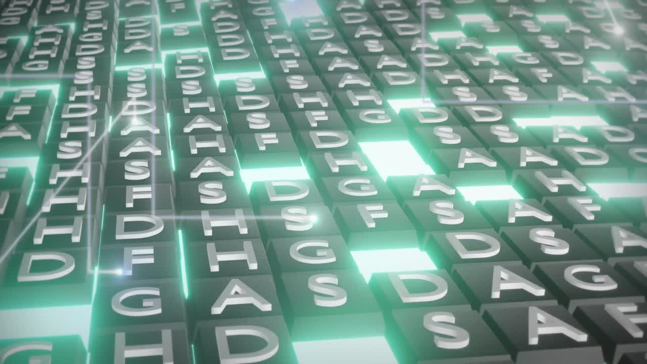 Animation of glowing light trails over rows of green letters sequencing moving in background