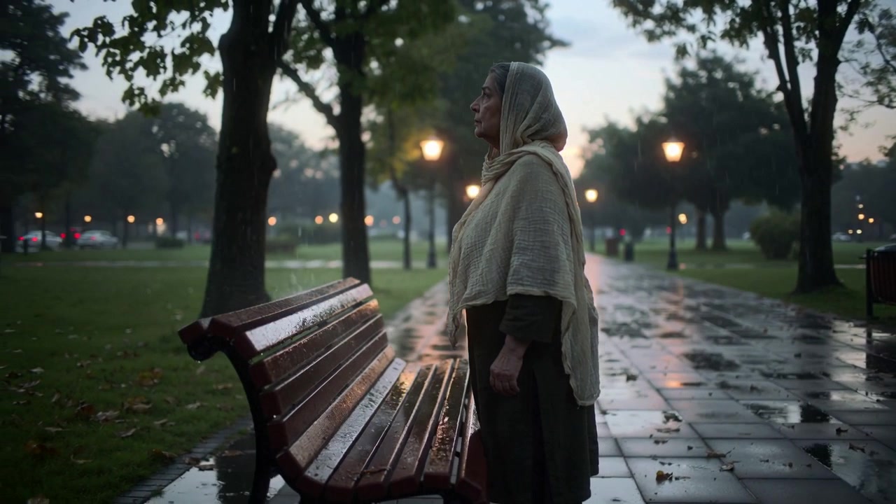 Leaning elderly woman wearing headscarf and coat inspecting wet bench in park after rain