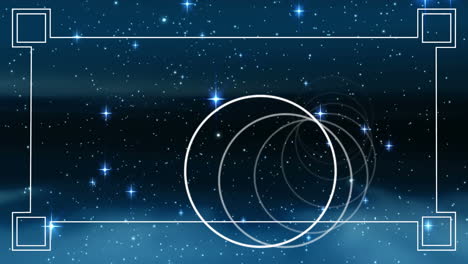 animation of glowing multiple circles with white frame over glowing stars on night sky