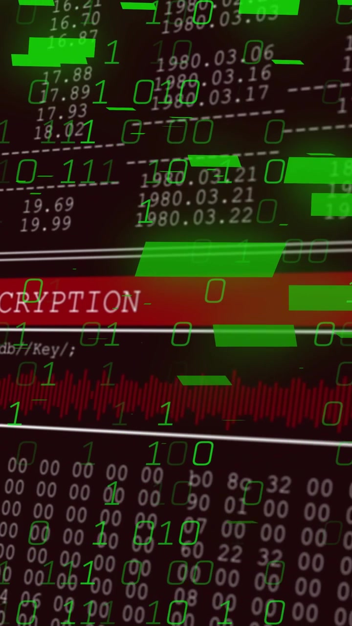 Vertical video: On startup encryption UI showing green bits falling, ENCRYPTION band, encrypting