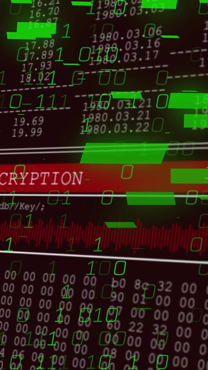 Vertical video: On startup encryption UI showing green bits falling, ENCRYPTION band, encrypting