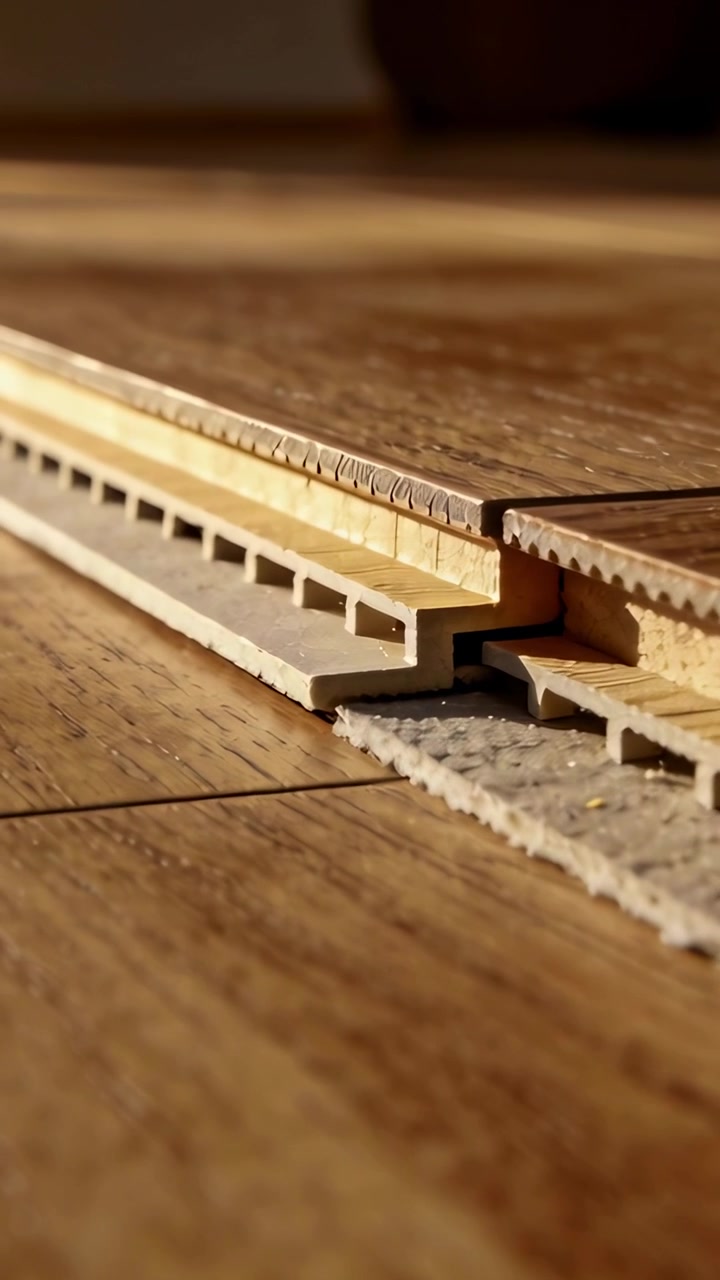 Vertical video: Sliding camera revealing engineered plank on floor, revealing joint detail and pad