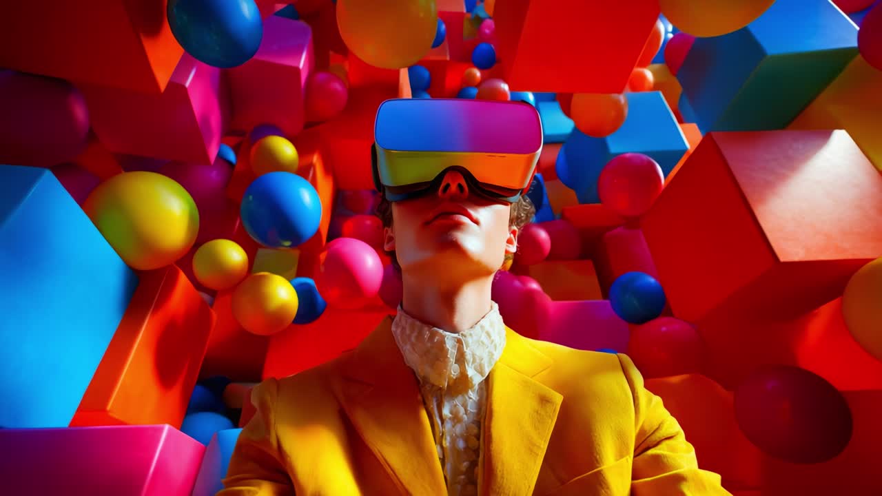 A vibrant exploration of virtual reality as a figure adorned in a yellow jacket engages with colorful geometric shapes and playful spheres in an immersive digital world