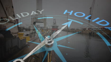 animation of compass with holiday text over shipyard