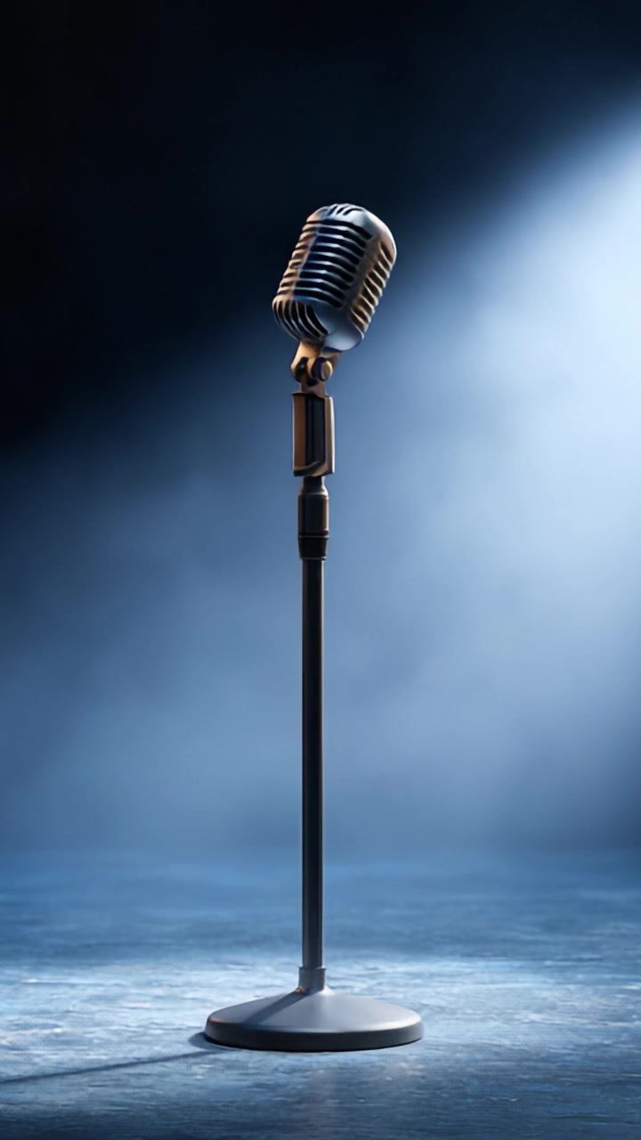 A Classic Microphone Stands Solo on a Dimly Lit Stage, Surrounded by Ethereal Smoke and Spotlight, Eagerly Awaiting the Performance of Talented Voices.
