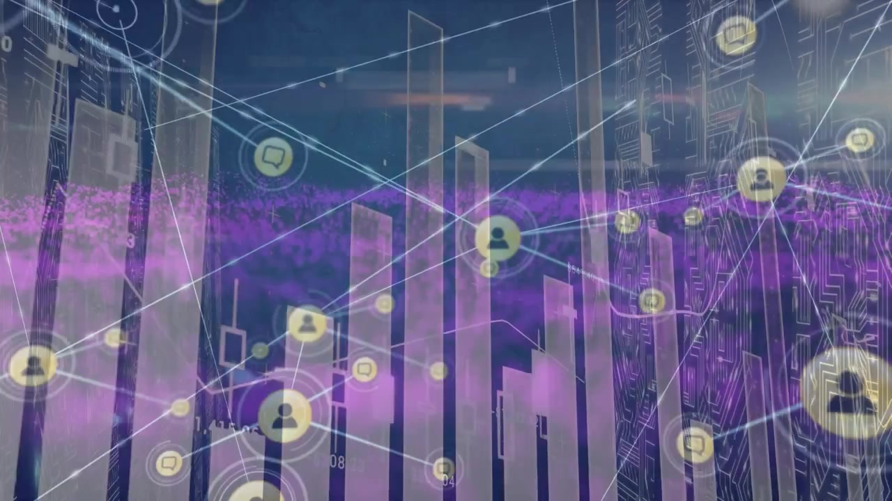 Animação de rede de ícones de perfil e processamento de dados estatísticos contra uma onda digital roxa.