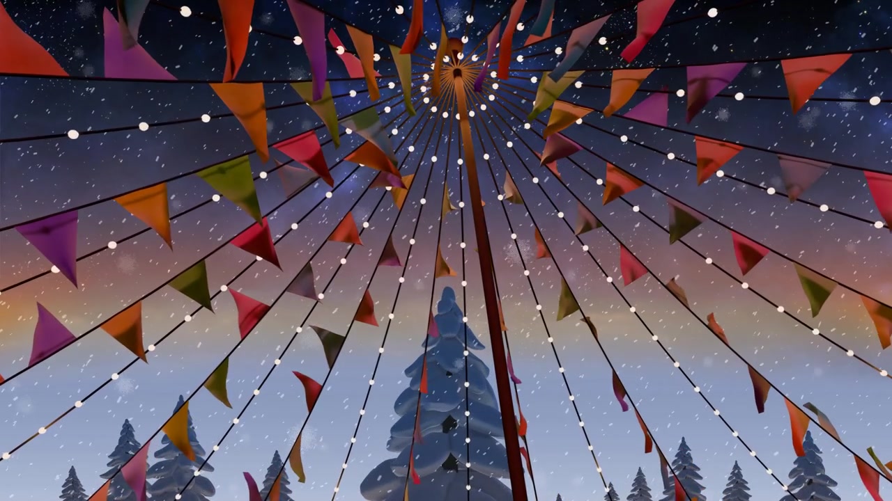 Falling snow starting central pole bunting and lights swaying and sparkling creating festive canopy