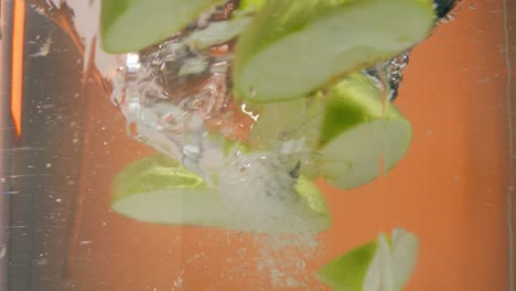 slow motion static shot of tasty and fresh green apple pieces falling into a whirlpool of water or water tornado and spinning in a circle in the water