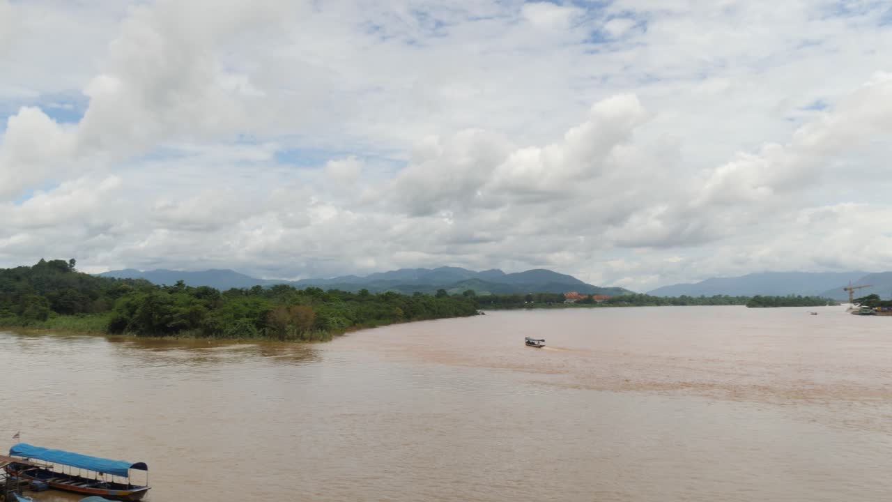 Panorama Of The Mekong River Border Between Thailand, Laos And Myanmar. Aerial Panning Shot