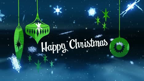 Animation-of-happy-christmas-text,-christmas-tree-decorations-and-snow-falling-over-winter-landscape