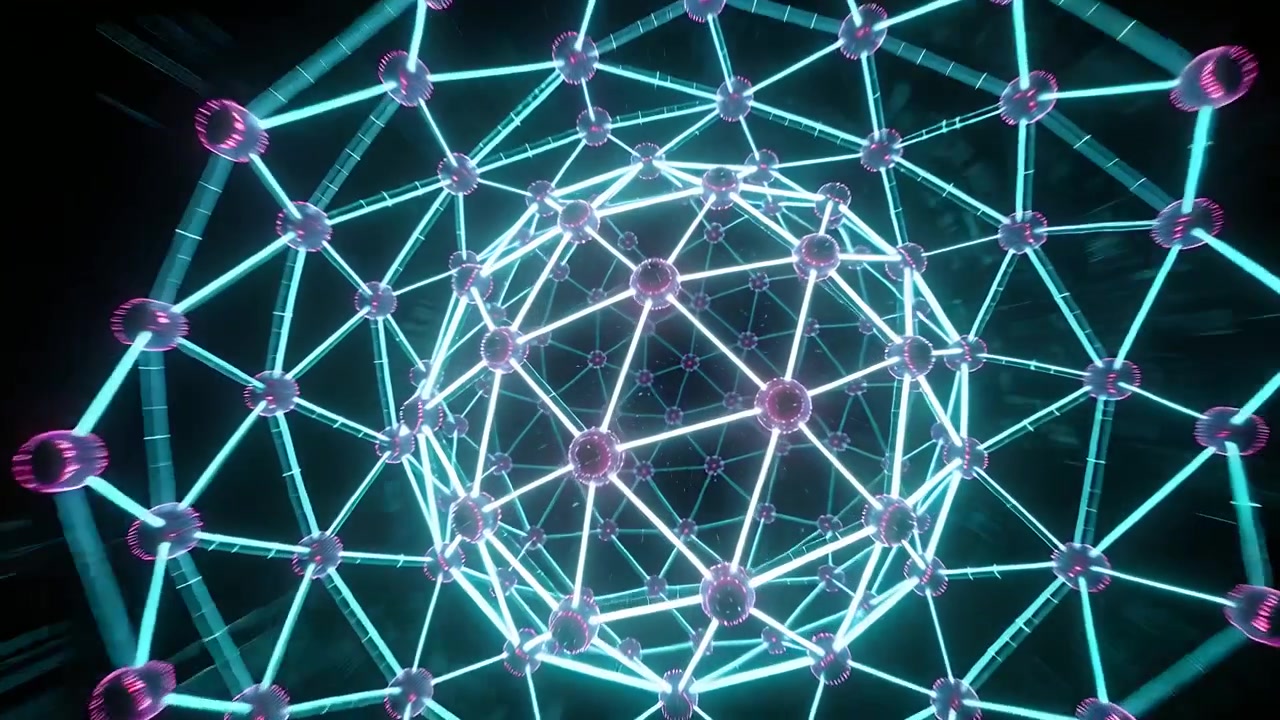 Un travelling arrière de la caméra révélant une sphère géodésique tournant dans le vide, exposant des nœuds magenta et des faisceaux cyan