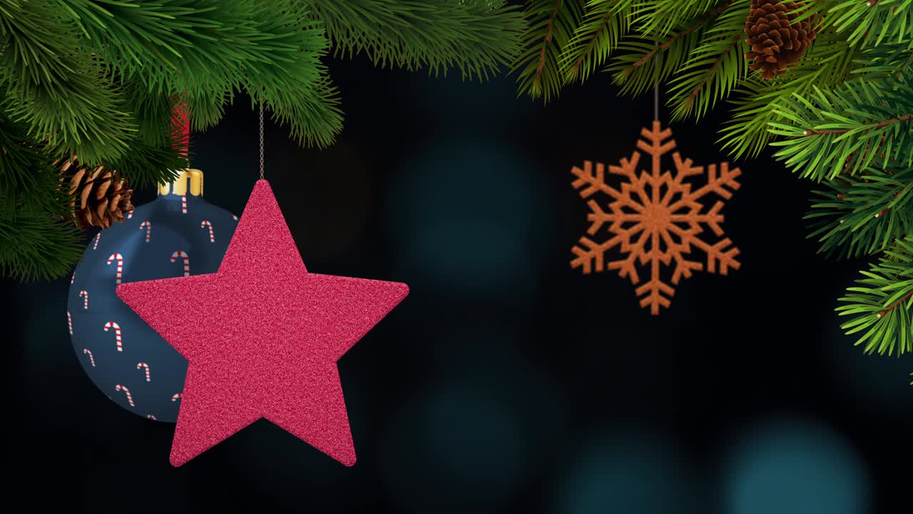 los adornos de navidad y los pinos se balancean en un fondo bokeh en bucle