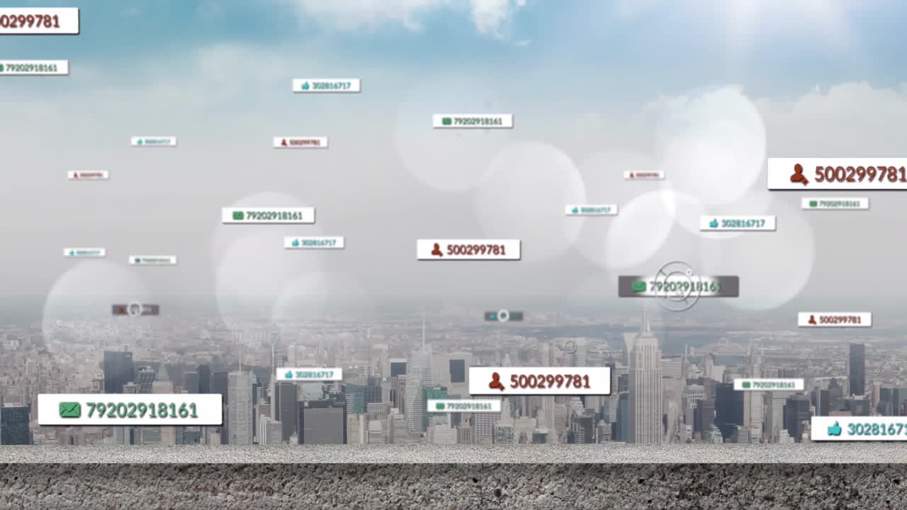 도시 풍경 위의 아이콘으로 디지털 데이터 처리의 애니메이션