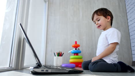 cute caucasian toddler boy sits on the floor. baby looks at laptop, pressing keys stubbornly. low angle view.