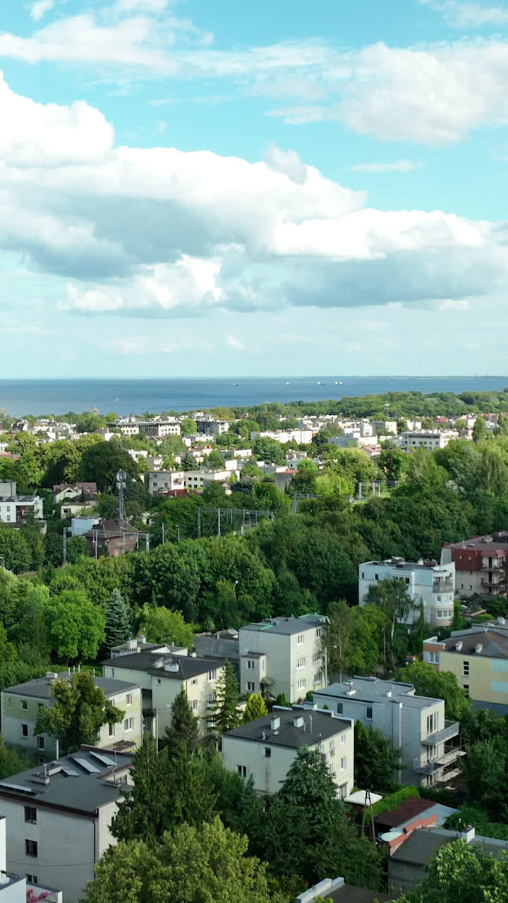 Sık yeşil ağaçların, kıyı kasabasının ve arka planda denizin havadan görünümü. Doğa belgeselleri, seyahat tanıtımları, şehir planlaması ve çevre çalışmaları için idealdir. Pürüzsüz yükselen drone hareketi