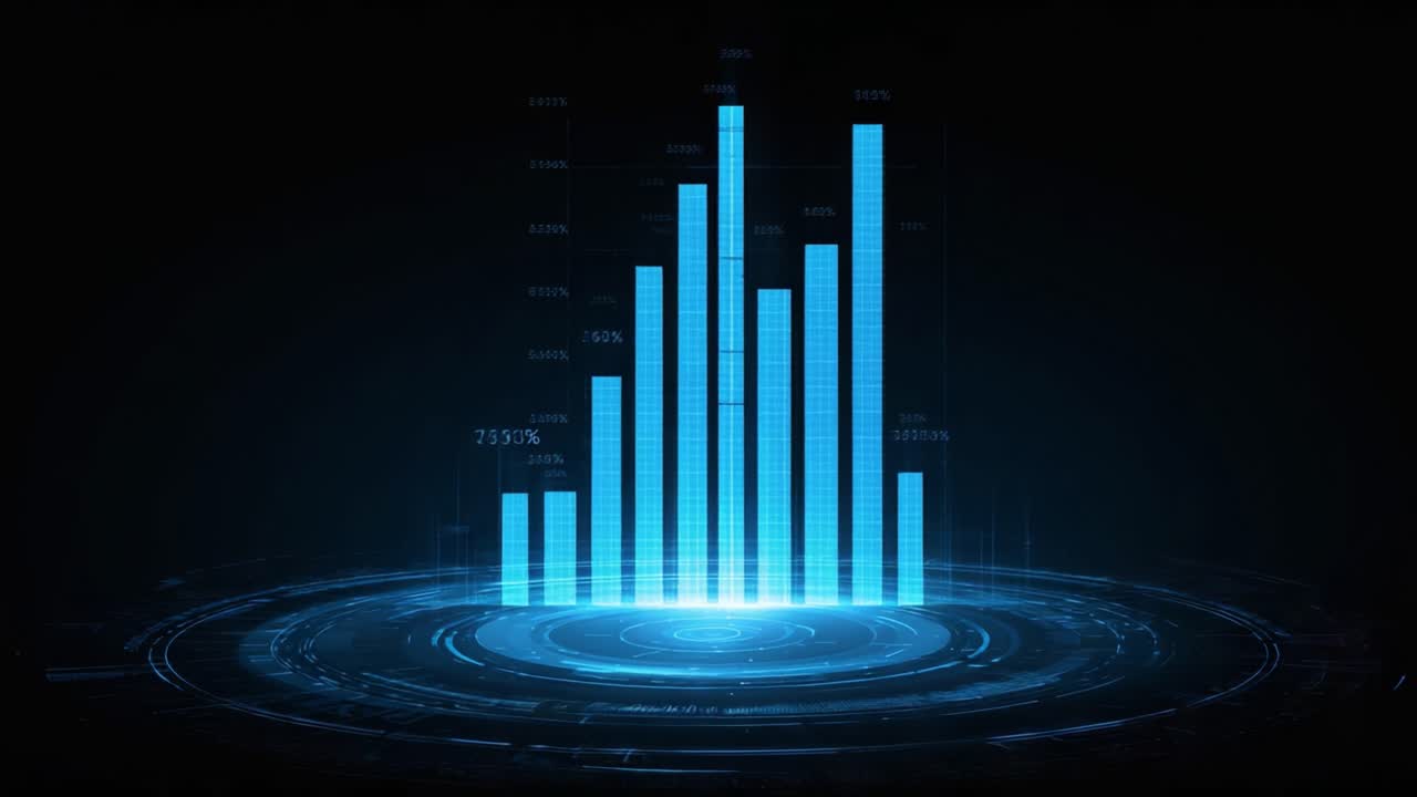Dynamisk datavisualisering: Løfter statistikk gjennom futuristiske 3D-søylediagrammer og sirkulære mønstre i et høyteknologisk miljø.