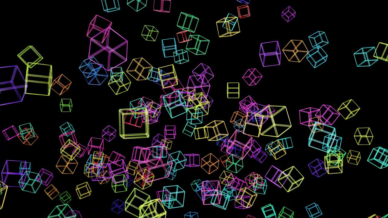 fondo geométrico simple abstracto en 3d con cubos multicolores que parpadean con luz de neón en 4k al azar. animación en bucle suave. cubos que vuelan en el aire. fondo de diseño de movimiento simple creativo con objetos en 3d