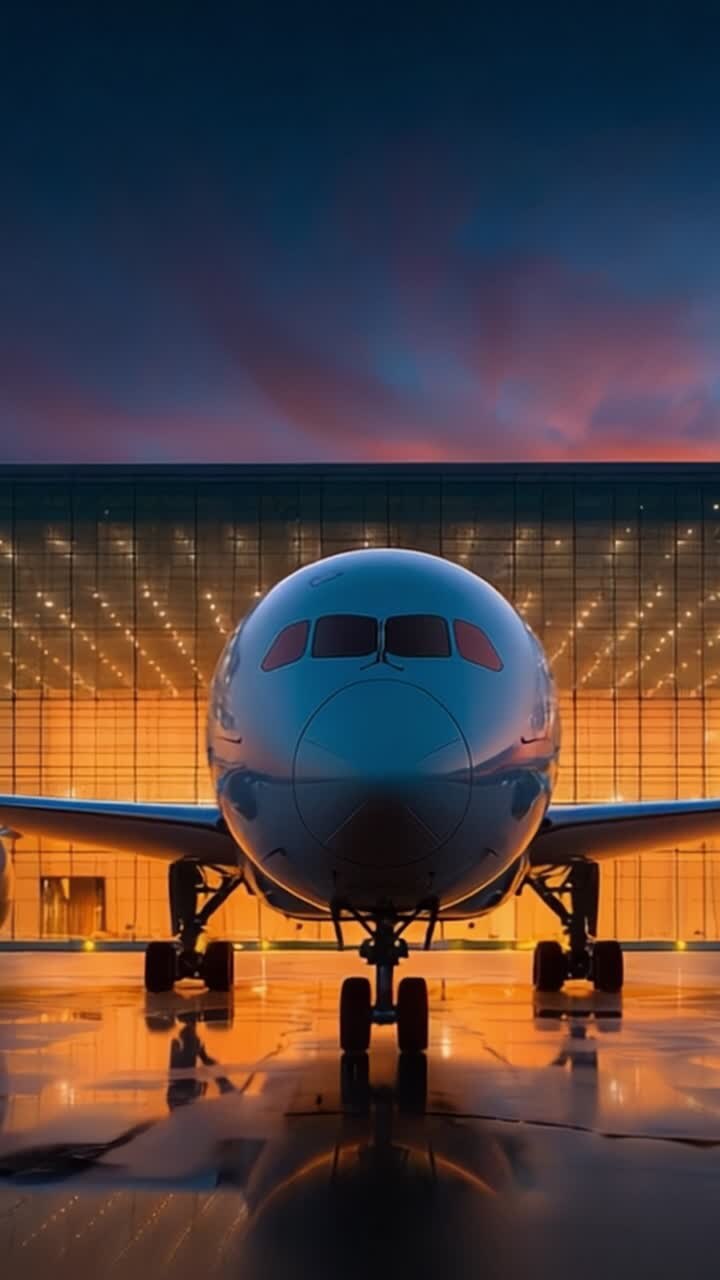 Un elegante aereo moderno si staglia imponente davanti a un terminal aeroportuale contemporaneo al crepuscolo, illuminato da un'illuminazione mozzafiato e colori intensi