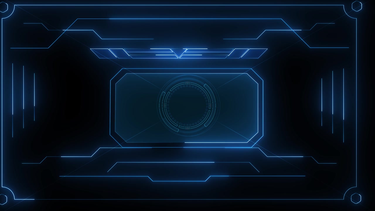 Visuelt titelpanel for teknisk grænseflade med neonblå ramme, geometriske HUD-mærker, glødende kanter og tom plads.
