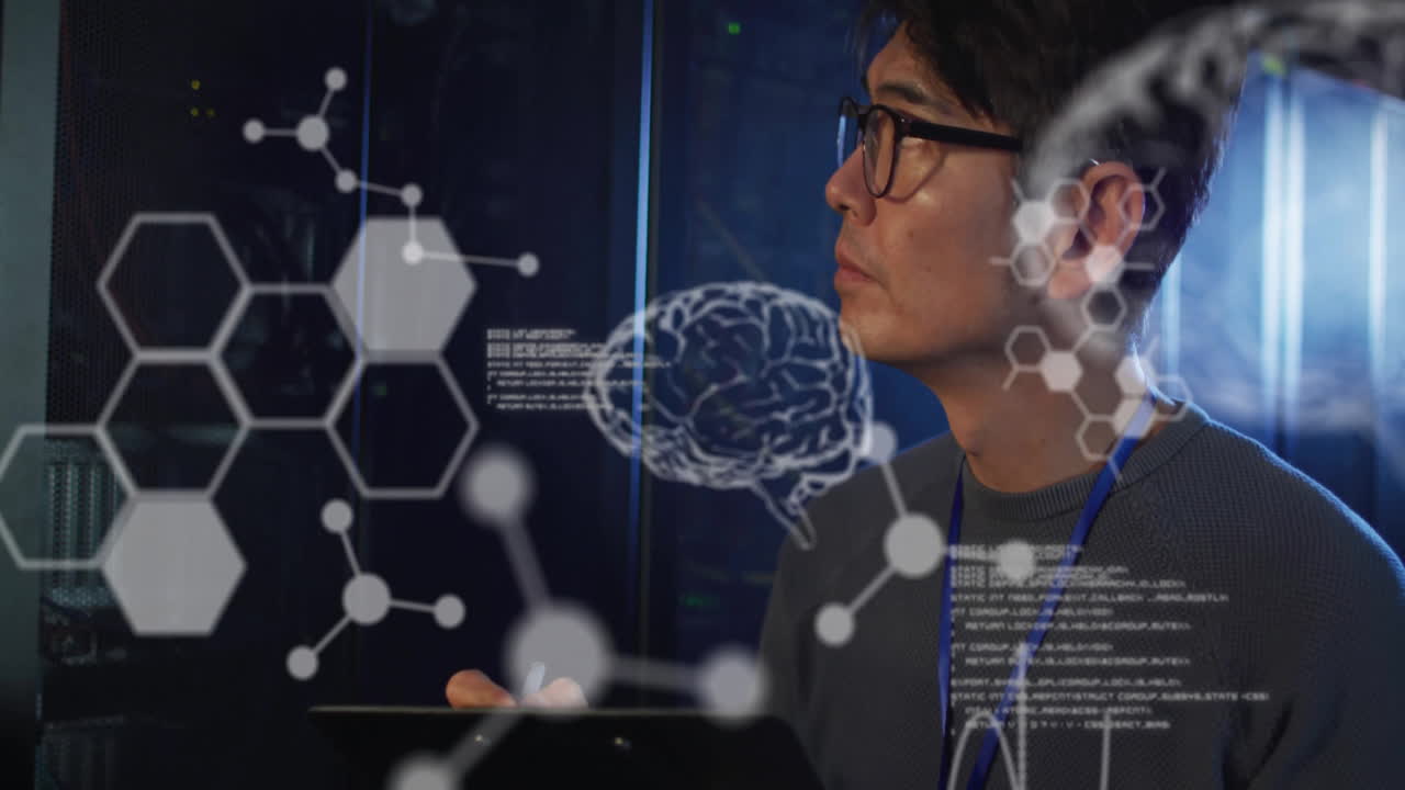 요소의 애니메이션, 뇌 및 데이터 처리 아시아 남성 기술자가 서버 에서 일합니다.